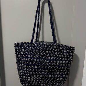 Vintage Liz Claiborne Navy and Cream woven corn husk Tote Bag